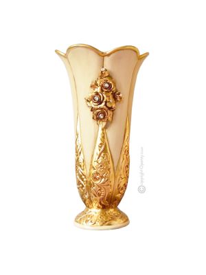 JARRÓN DE FLORES Cerámica artística estilo barroco con detalle en oro de 24k Made in Italy