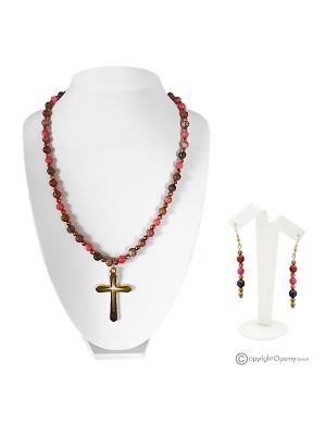 DALILA – Conjunto de Collar y Pendientes Cruz de Rodonita, Rodocrosita y Hematita, Hecho a Mano.