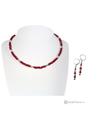 ELEGANCIA – Conjunto de collar y pendientes de plata hechos a mano en granate rojo y hematita.