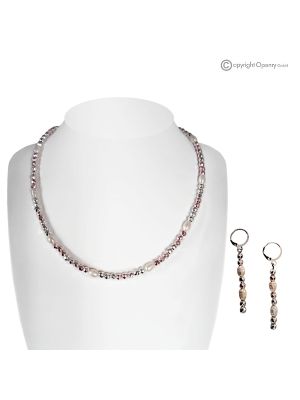 SUEÑO – Conjunto de collar y pendientes con perlas naturales de río y hematita rosa, hecho a mano.