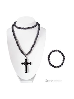 OSCURO – Conjunto de collar y pulsera con cruz de hematita y piedra de lava natural hechos a mano.