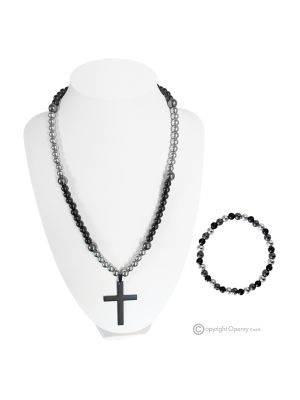 EMOCIÓN – Conjunto de collar y pulsera con cruz de ónix y hematita, auténtica artesanía italiana.