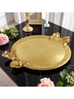 BANDEJA DE LAZO REDONDA DE ORO Asas de lazo de hoja de oro Madera hecha a mano Made in Italy