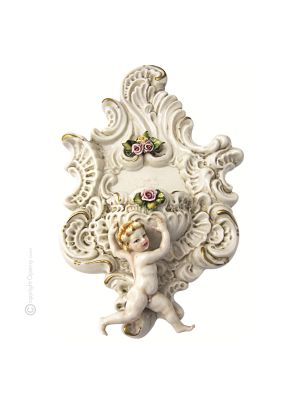 FUENTE DE PARED CON 1 QUERUB Estatuilla Estatua Figura de porcelana Capodimonte hecha a mano Made in Italy