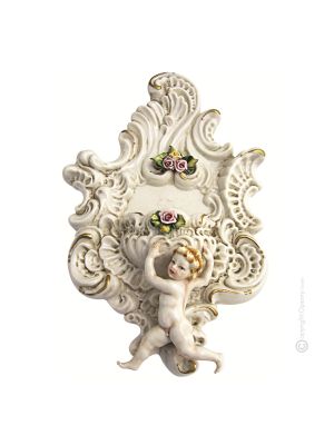 FUENTE DE PARED CON 1 QUERUB Estatuilla Estatua Figura de porcelana Capodimonte hecha a mano Made in Italy