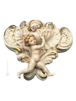 FUENTE DE PARED CON QUERUB Estatuilla Estatua Figura de porcelana Capodimonte hecha a mano Made in Italy