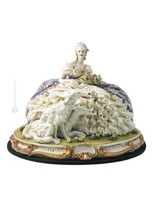 DAMA CON LEVIERI Estatuilla de figura de porcelana Capodimonte hecha a mano en Italia