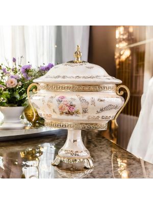 Caja, elegante joyero en fina cerámica, con elegantes detalles florales y dorados.