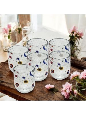 Juego de 6 copas de cristal soplado transparente, decoradas con murrine originales de Murano, Venecia.