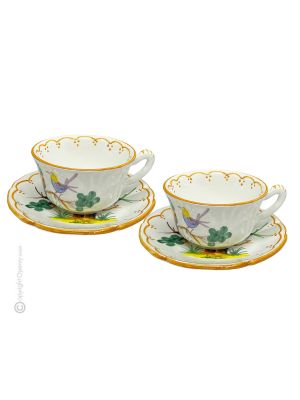 UCCELLINI CUPS set tazas de té capuchino con platillo Castelli cerámica hecha a mano auténtica Abruzzo Made in Italy