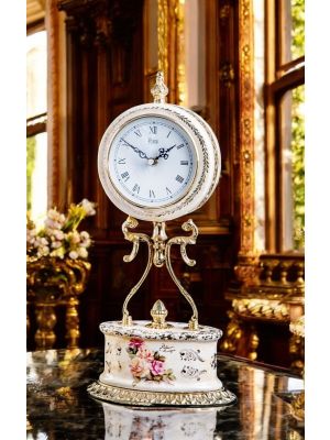 Reloj de mesa de cerámica de alta calidad, con detalles florales y dorados, hecho a mano.
