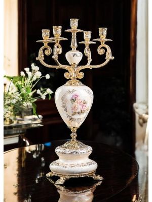 Candelabro artístico de cerámica de 5 llamas, decorado con flores y oro, hecho a mano.