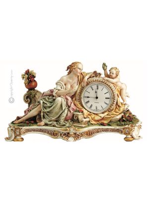 DAMA CON QUERUBIOS Reloj de sobremesa en porcelana Capodimonte, artesanía Made in Italy