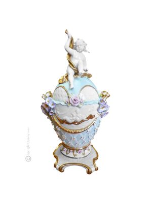 POTICHE CON QUERUB Centro de mesa de porcelana Capodimonte, auténtico hecho y pintado a mano Made in Italy