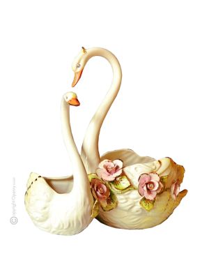 SWAN Centro de mesa artístico de cerámica estilo barroco con detalle en oro de 24k Made in Italy