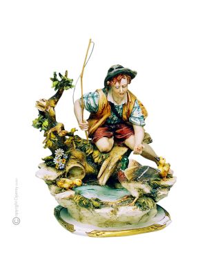 PESCADOR EN EL ESTANQUE Figura de porcelana Capodimonte, artesanía Made in Italy