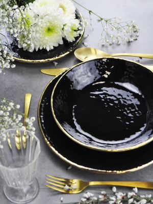 Vajilla PRETA de 20 piezas para 6 personas en cerámica blanca pintada a mano con oro de 8 quilates