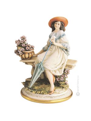 NIÑA EN SILLA DE JARDÍN Figura de porcelana Capodimonte hecha a mano Made in Italy