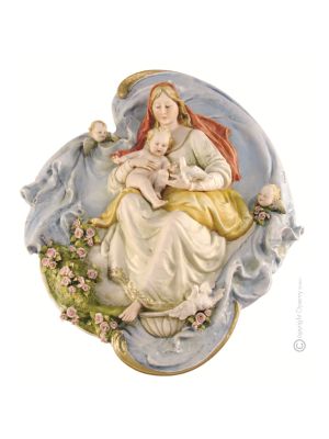 MADONNA CON PALOMAS Cuadro en bajorrelieve en porcelana de Capodimonte hecho a mano Made in Italy