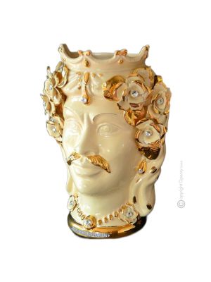 CABEZA MARRÓN MASCULINA Maceta y decoración de mesa detalles cerámicos artísticos Cristales Swarovski color oro 24k