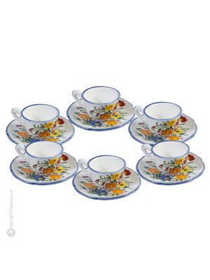 FIORACCIO POLICROMO CUPS juego de 6 tazas de café espresso con platillos Castelli cerámica hecha a mano auténtica Abruzzo Made in Italy