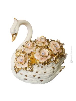 SWAN Centro de mesa artístico de cerámica estilo barroco con detalle en oro de 24k Made in Italy