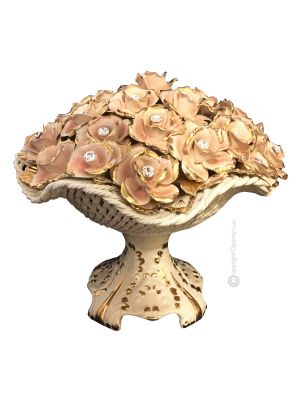 ROSAS Centro de mesa artístico de cerámica estilo barroco con detalle en oro de 24k Made in Italy