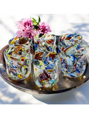 Juego de 6 vasos de fantasía en cristal soplado, con murrina original de Murano, Venecia.