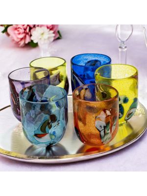 Juego de 6 copas de cristal de colores, vidrio soplado, originales de Murano, Venecia.