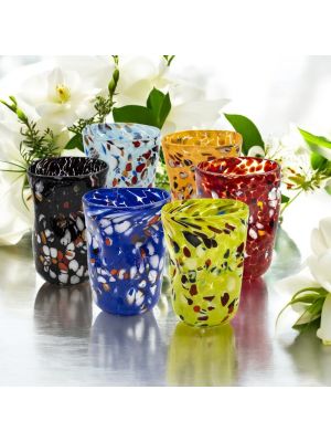 Juego de 6 vasos de cristal soplado coloreado con murrina, auténticos de Murano, Venecia.