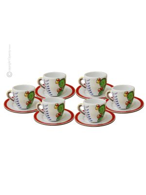 PRICKLY PEAR CUPS juego de 6 tazas de espresso de cerámica hechas a mano con platillos, auténtica Sicilia Made in Italy