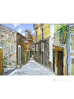 CENTRO HISTÓRICO AGROPOLI Pintura acrílica moderna sobre lienzo Made in Italy 
