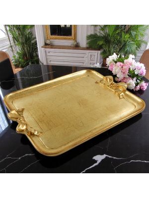 BANDEJA DE LAZO rectangular Asas de madera hechas a mano en pan de oro Made in Italy