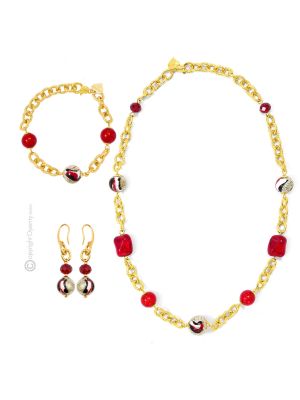 PARURE FUNNY conjunto de bisutería artística collar collar pulsera pendientes cuentas de cristal de Murano con oro de 18 quilates hecho a mano auténtico Made in Italy