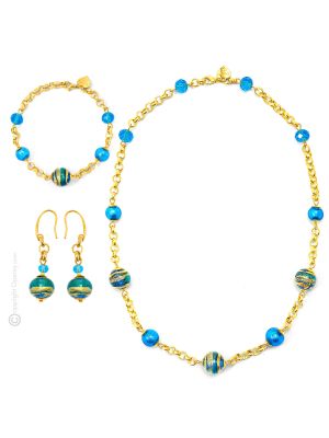 BANDA DE ORO PARURE conjunto de bisutería artística collar collar pulsera pendientes perlas de cristal de Murano con oro de 18 quilates hecho a mano auténtico Made in Italy