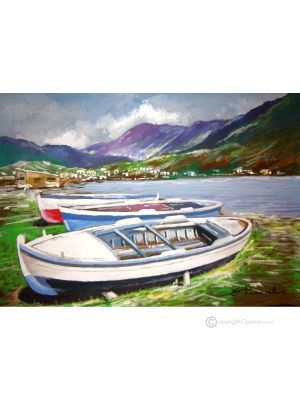 JUNTO AL LAGO Pintura acrílica moderna sobre lienzo Made in Italy 