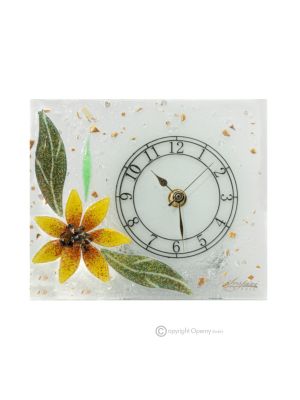 GIRASOL - Reloj de sobremesa de cristal transparente con pan de oro de 24k, diseño floral, hecho a mano