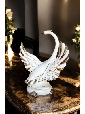 Cisne artístico de cerámica, adornado con rosas, cristales y detalles en platino, hecho a mano.