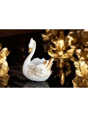 Cisne de cerámica de estilo barroco, decoración de mesa adornada con rosas, cristales y detalles dorados.