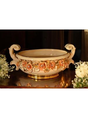 Jarrón de cerámica, porta plantas, decorado con rosas, cristales de Swarovski y detalles dorados.