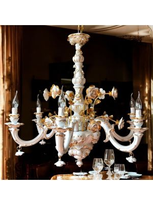 Lámpara colgante, de cerámica con 6 llamas, con rosas, cristales y oro, hecha a mano.