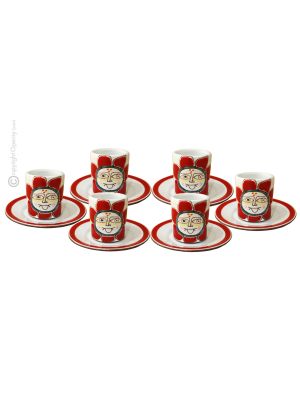 SOLE ROSSO CUPS juego de 6 tazas de espresso de cerámica hechas a mano con platillos, auténtica Sicilia Made in Italy