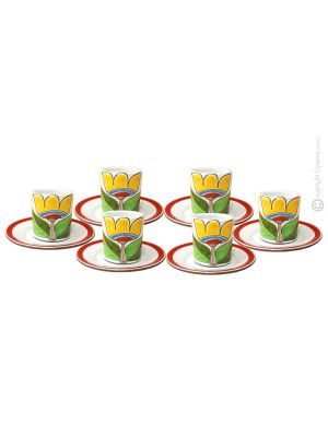 TULIPANO CUPS juego de 6 tazas de espresso de cerámica hechas a mano con platillos, auténtica Sicilia Made in Italy