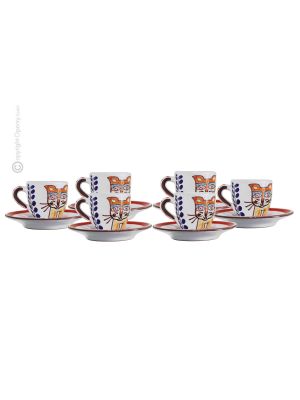 CAT CUPS juego de 6 tazas de espresso de cerámica hechas a mano con platillos, auténtica Sicilia Made in Italy