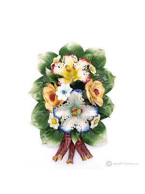 ROSAS ORQUÍDEAS Rama para colgar en pared, porcelana fina de Capodimonte, hecha a mano